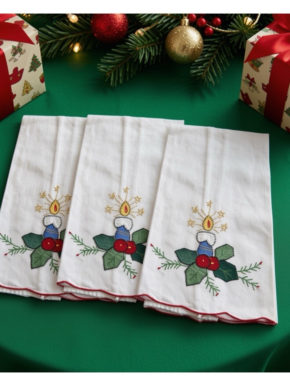 Vintage Christmas Embroidered Dinner Napkins / Tea Towels Candle w/Holly